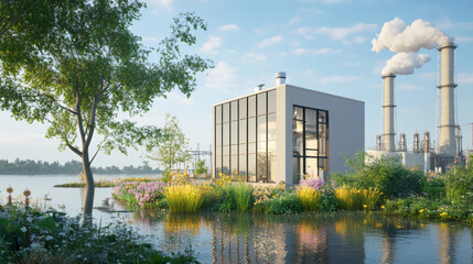 Obraz premium modern house near power plant, surrounded by vibrant community garden and water. scene captures blend of nature and industry, showcasing greenery and flowers