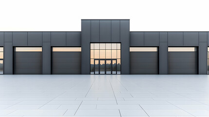 Modern industrial building facade with large windows and doors, overlooking a landscape, possible use for commercial or residential