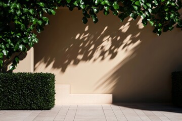 Fototapeta premium Natural light and shadow play across a minimalist wall with greenery in a modern outdoor space during daytime