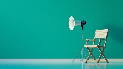 Directors chair and megaphone on a glossy studio floor with a green screen, perfect for video and photography projects.