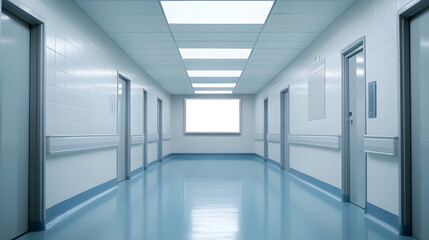 blank sign fixed to a hospital corridor wall with bright overhead lighting 