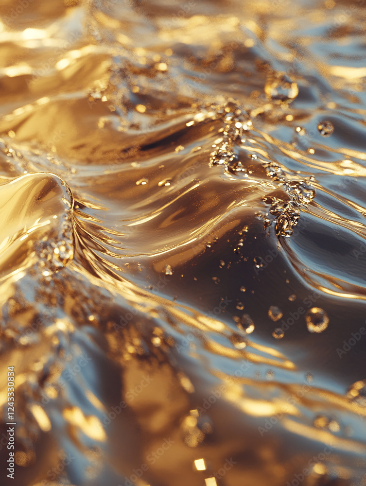 Poster Close-up of golden liquid flowing with droplets, creating a dynamic and glossy wave effect on the surface, symbolizing fluid motion, elegance, and luxury.