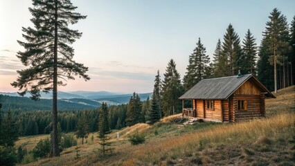 Small wooden cabin on a hill surrounded by pine trees, hilltop retreat, pine trees