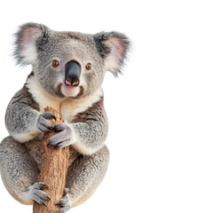 Obraz premium Adorable koala perched on a branch, white isolate background
