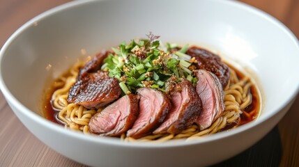 Fresh egg noodles served with roasted duck slices and a savory sauce.