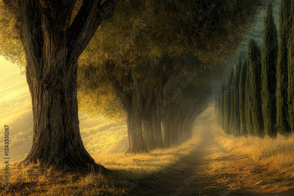 Aufkleber Sunlit path winds through a tunnel of ancient olive and cypress trees, creating a magical, serene atmosphere.