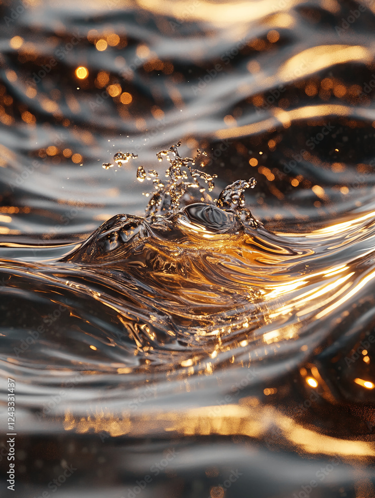 Poster close-up of golden liquid splashing on the surface with vibrant reflections and ripples, symbolizing