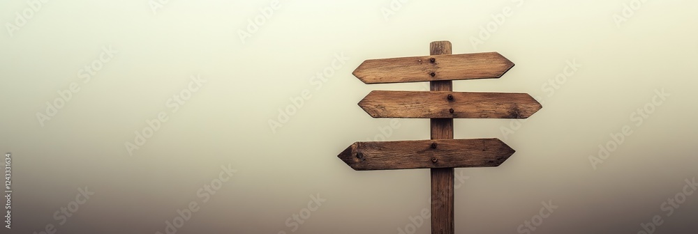 Poster wooden signpost with three blank arrows pointing in different directions in the fog, symbolizing cho
