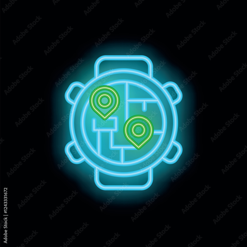 Poster neon smartwatch displaying gps location tracking on a map, symbolizing navigation, technology, and m