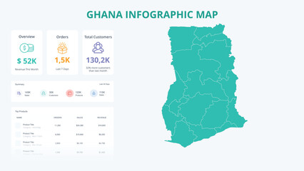 Business Growth Infographic Map of Ghana. Orders, Customers, Sales Overview & product Infographic Map of Ghana. Easy to edit