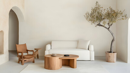 Fototapeta premium Modern living room with wooden furniture and olive tree