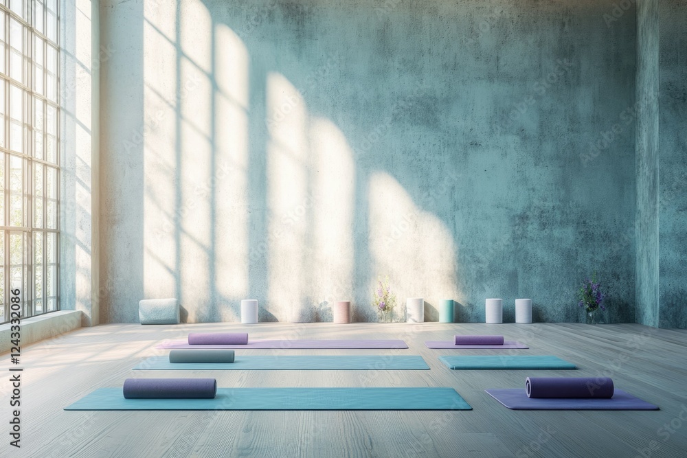 Poster sunlit yoga studio with pastel mats, creating a serene and peaceful atmosphere for mindful practice.