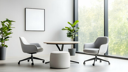 Modern meeting area with natural light, suitable for presentations or collaboration