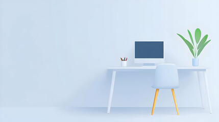 Modern minimalist home office workspace,  simple desk, chair, computer, and plant.  Possible use Stock photo for interior design, productivity, or remote work concepts