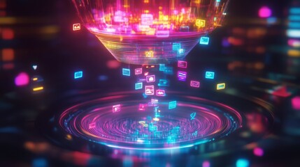 Marketing funnel concept with a glowing top pulling in traffic icons and a base releasing revenue metrics.