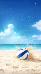 volleyball lands on sandy beach with sand explosion under sunny blue sky, evoking lively and energetic summer vibe.
