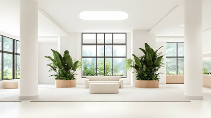 Modern minimalist lobby with large windows overlooking trees. Interior design concept. Potential use for architecture portfolios or real estate marketing