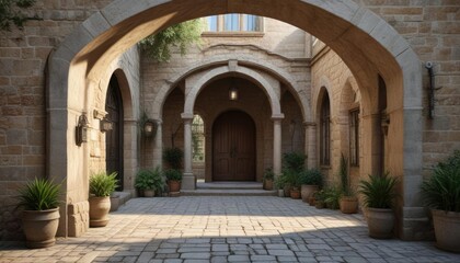 Stone arches and doorways in a traditional courtyard , traditional, stone
