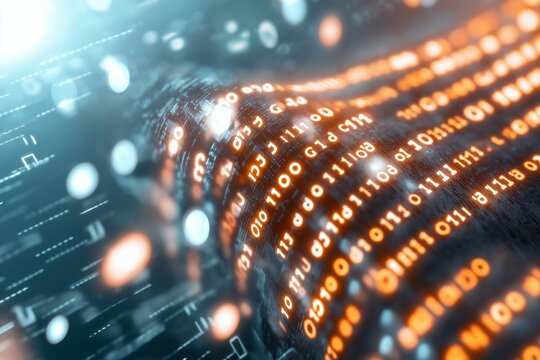 Abstract digital data streams flowing through a vibrant network of binary code in a futuristic design.