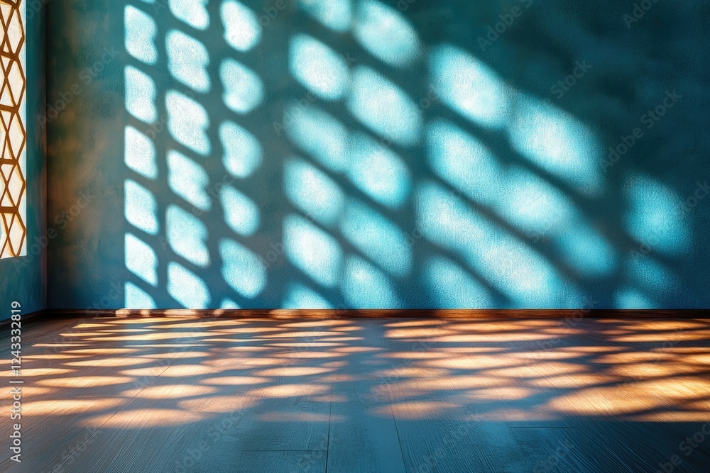Poster Sunlight streams through a patterned window, casting intricate shadows on a teal wall and wooden floor.
