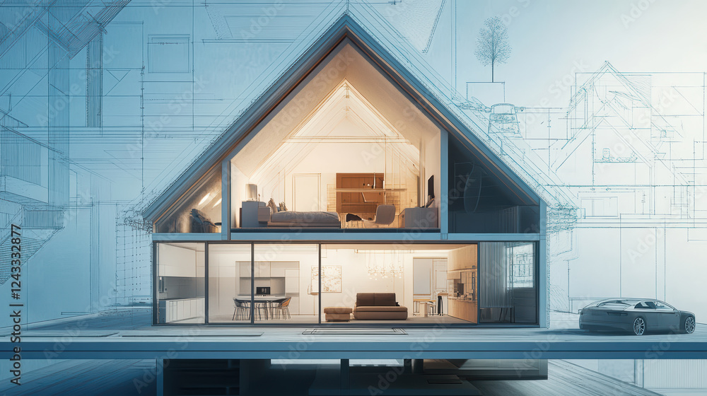 Poster innovative house structure with smart home features, showcasing modern design and functionality. 3d 