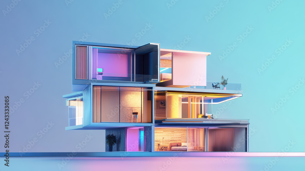 Poster innovative house structure with smart technology and vibrant lighting, showcasing modern architectur