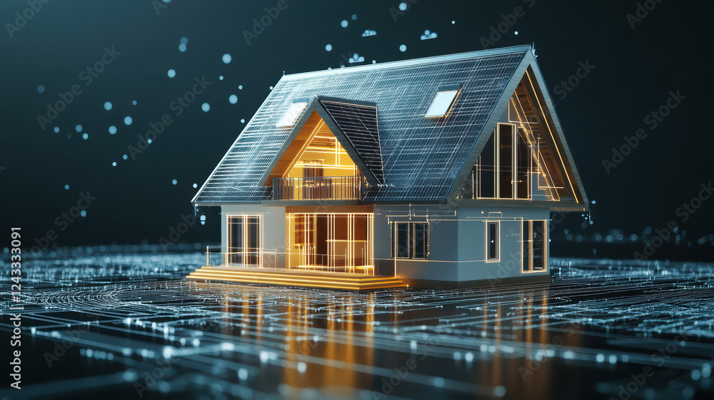 Poster innovative house structure with smart home features, showcasing modern design and advanced technolog