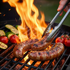 Grilled juicy sausages on a grill with fire. Shallow depth of field