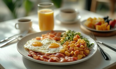 Delicious breakfast spread featuring eggs, bacon, and fresh fruit in a cozy dining setting