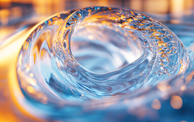 Close-up shot of swirling clear water with reflections and ripples, showcasing motion and fluid dynamics in a beautiful, abstract representation of liquid elegance.