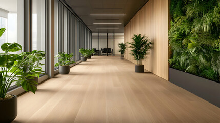 Fototapeta premium Modern office hallway with plants and city views. Possible use Business, real estate stock photo