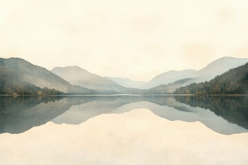 Serene mountain lake reflecting tranquil landscape under a soft, pale sky.