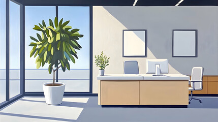 Modern office reception area with plant, overlooking city.  Possible use stock photo for interior design, business, or office inspiration