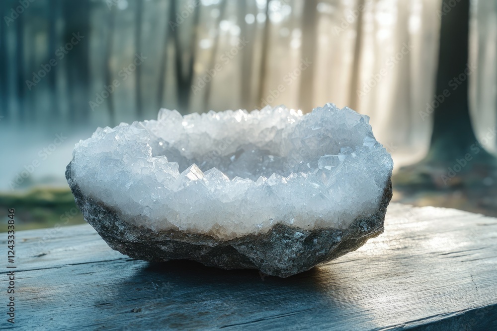 Poster a mesmerizing geode of crystalline formations, illuminated by sunlight in a misty forest setting.