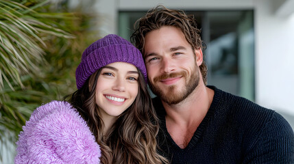 Happy couple cuddling outdoors, winter background, romance