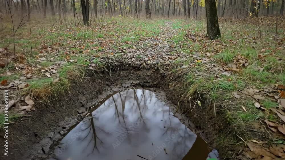 Poster reflection of trees in a small forest pond surrounded by autumn leaves and a path in an outdoor sett