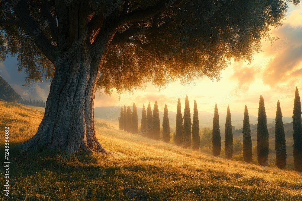 Poster majestic olive tree and cypress trees bathed in the golden light of sunrise, creating a serene and p
