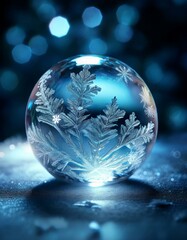氷の結晶が繊細に広がるガラスの球体