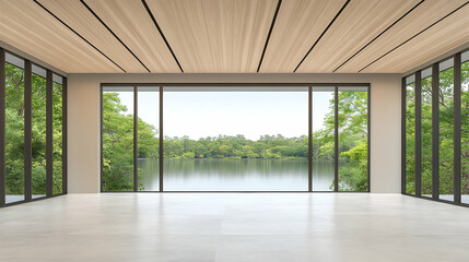 Obraz premium Modern open-plan room with lake view, spacious interior