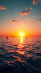 Sunset reflecting on the surface of the sea with sailboats and ships, scenic, sunset, reflection, skyline, nautical