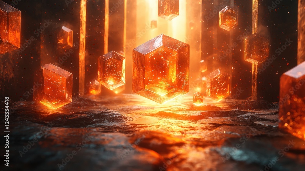 Aufkleber floating geometric structures in a glowing environment with warm lighting and mystical aura
