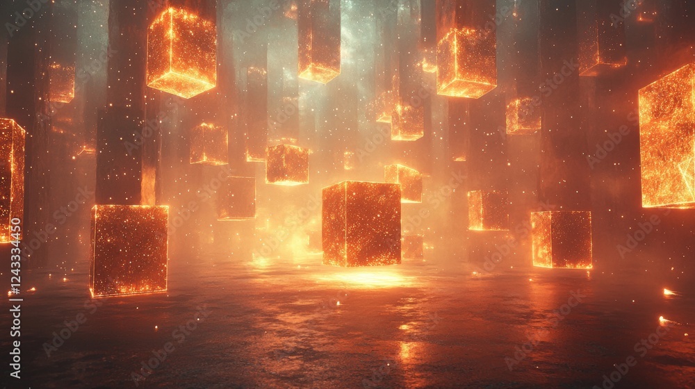 Aufkleber glowing floating cubes in an abstract cosmic space with a mystical atmosphere and light effects