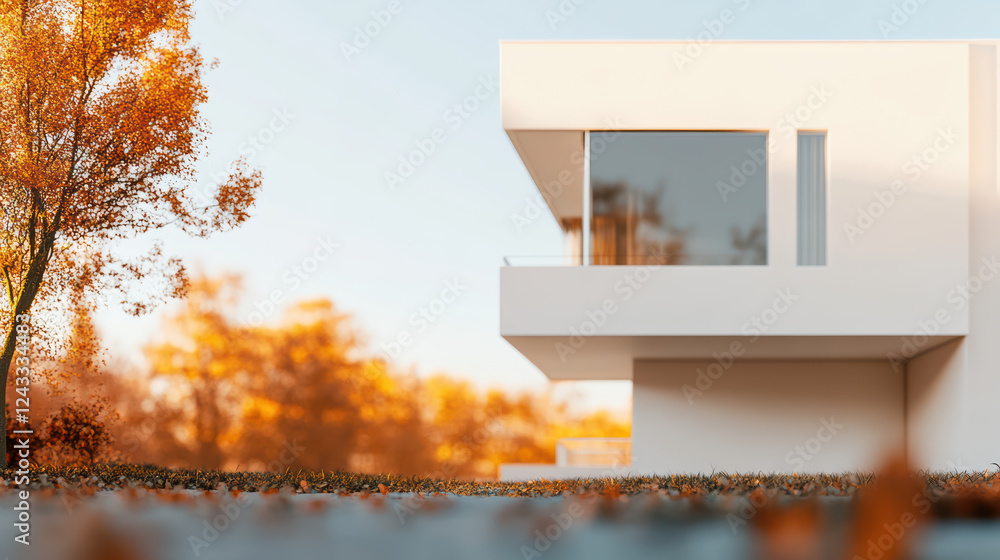 Poster modern house structure with minimalist design surrounded by autumn foliage. clean lines and large wi