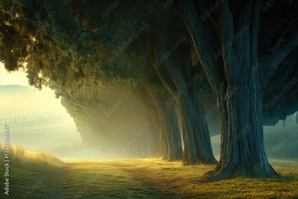 Poster Sunlit path through a misty grove of ancient trees, creating a serene and magical atmosphere.