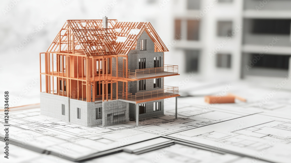 Poster modern house structure model with orange framework on blueprints, showcasing architectural design an