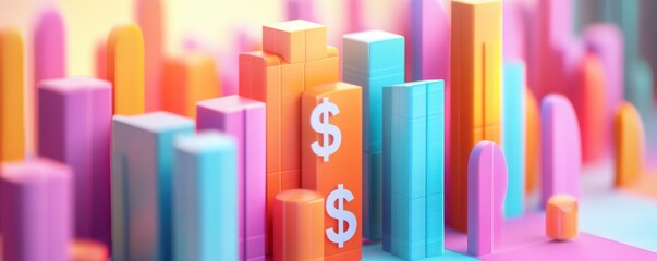 Obraz premium A vibrant, colorful bar graph featuring dollar signs, representing financial data or growth trends.
