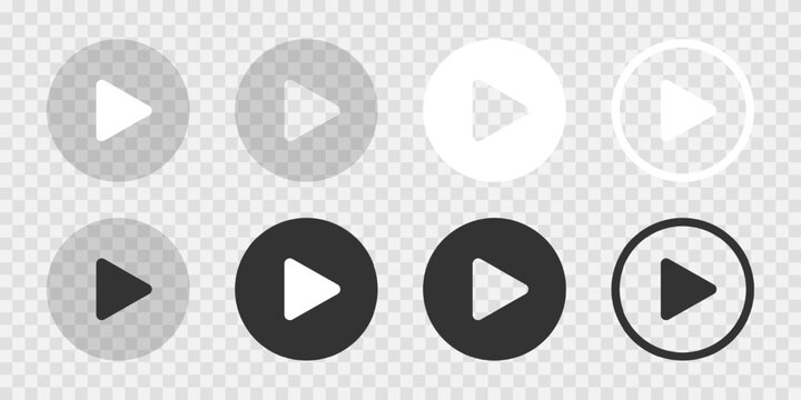 Set of play icons on transparent background texture. Elements for video player. Push, start, click or record button for multimedia app window interface. Vector illustration.