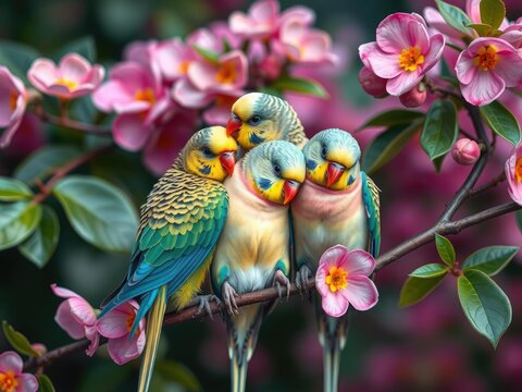 snuggled parakeets on a colorful flowering branch with soft petals and leaves surrounding them in nature, delicate hues, leafy sanctuary, winged intimacy