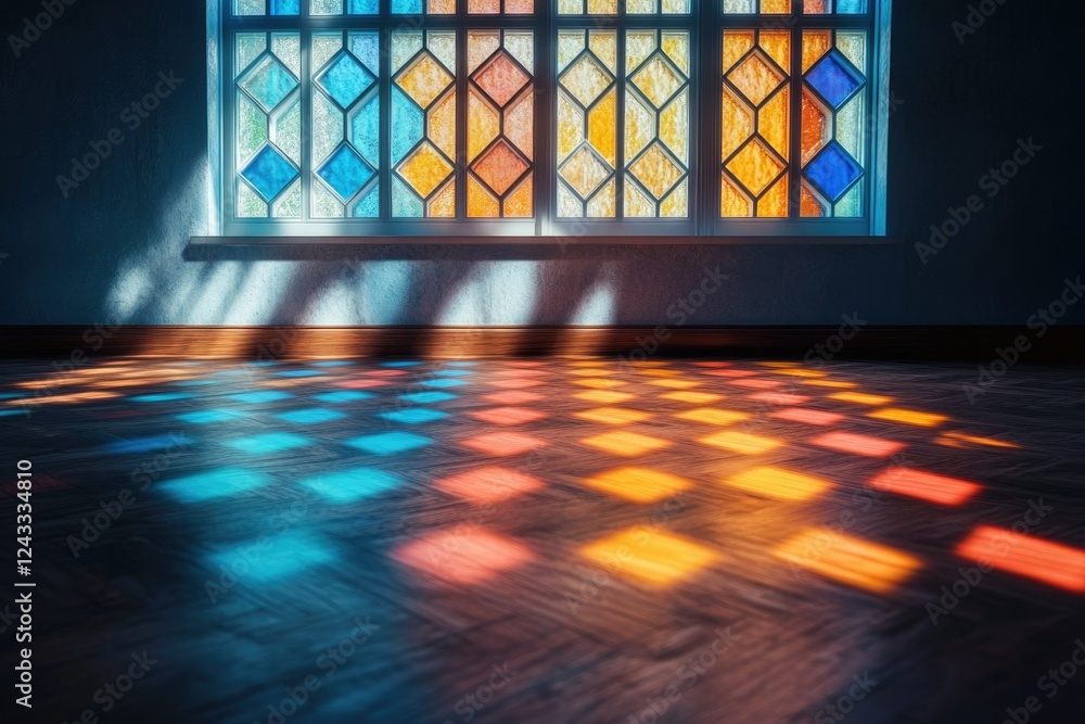 Poster stained glass window casts colorful, geometric patterns on a dark wooden floor, creating a serene an