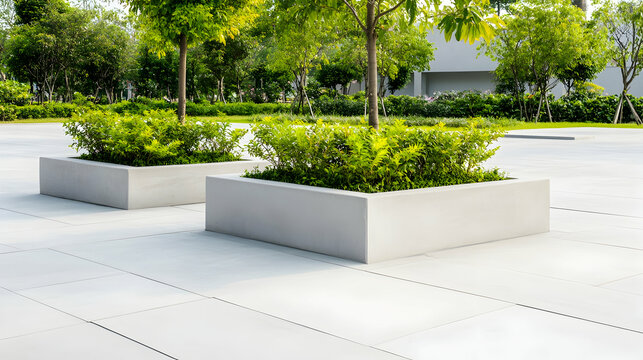 Modern planter boxes in paved plaza area